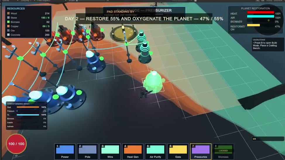Day 2 — restoration progressing to 47% on a glowing pad with multiple machines built.